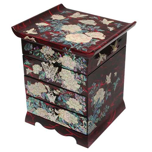 Hanjeong Scholar 3-Drawer Jewelry Box - Peony Red