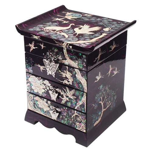 Hanji Scholar 3-Drawer Jewelry Box with Crane and Pine Pattern