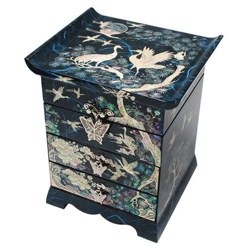 Hanji Scholar Style 3-Tier Drawer Jewelry Box - Pine and Crane in Blue