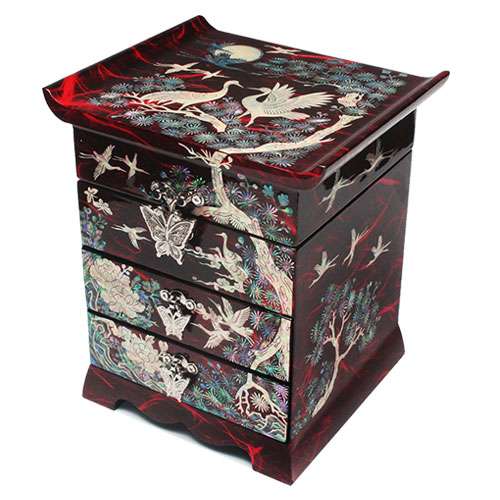 Hanji Scholar 3-Drawer Jewelry Box with Crane and Red Design