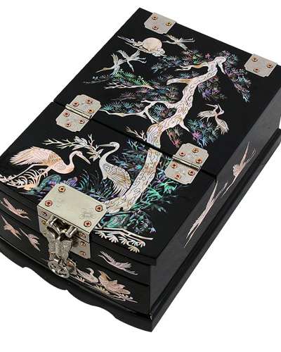 螺鈿漆工芸 鏡台 ジュエリーボックス (中) - 松鶴 (黒)
