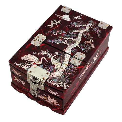 Crane and Pine Mother-of-Pearl Lacquer Mirror Jewelry Box (Medium) - Hanji Red