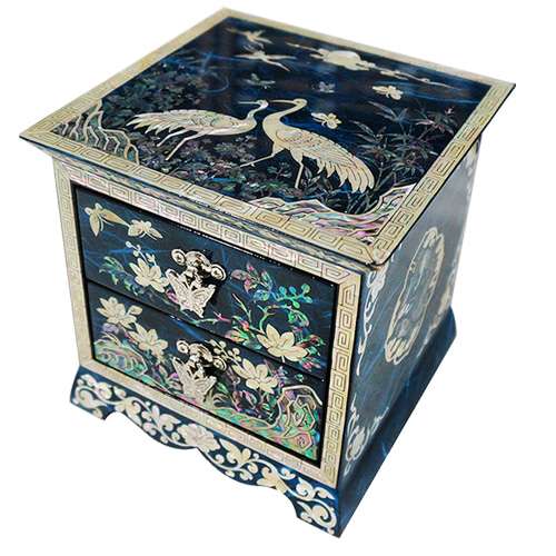 Diagonal Two-Drawer Jewelry Box with Pine and Crane Motif (Blue)
