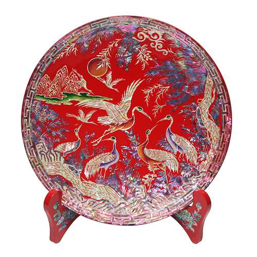 Round Mini Tray Pine and Crane Red