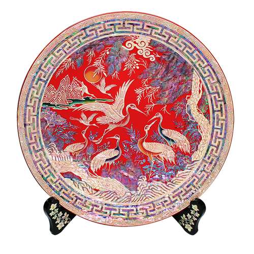 Mother-of-Pearl Lacquer Tray Large Pine and Crane Red
