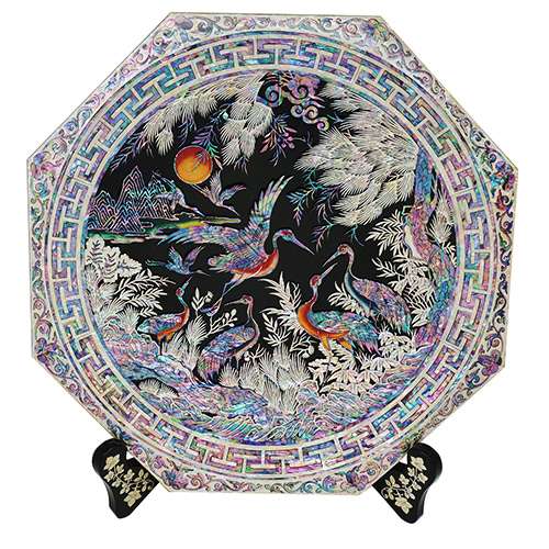 Octagonal Tray Large Crane Mother-of-Pearl Black