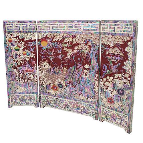3-Panel Folding Screen Large Deep Red Ten Longevity Symbols