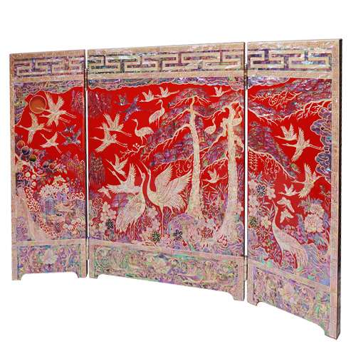 3-Panel Folding Screen Large Ten Symbols of Longevity Red