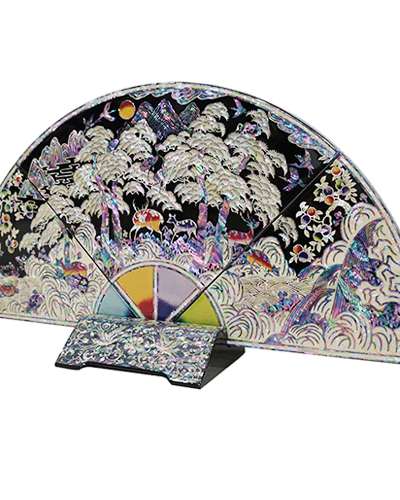 [文化財再現品]扇子屏風 中 十長生 黒