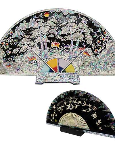 【文化財復元品】扇屏風 大 十長生 黒