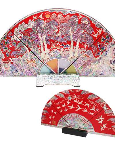 【文化財再現品】扇子屏風 大 十長生 赤