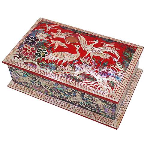 Diagonal Mother-of-Pearl Business Card Holder with Pine, Crane, and Plum Red