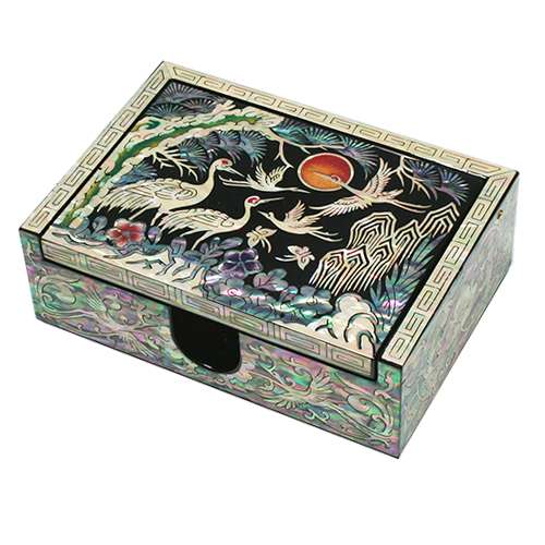 Integrated Mother-of-Pearl Inlaid Court-Style Business Card Holder Crane Design 1 Black
