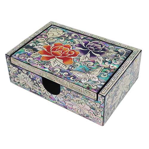 One-Piece Mother-of-Pearl Peony Business Card Holder in Black