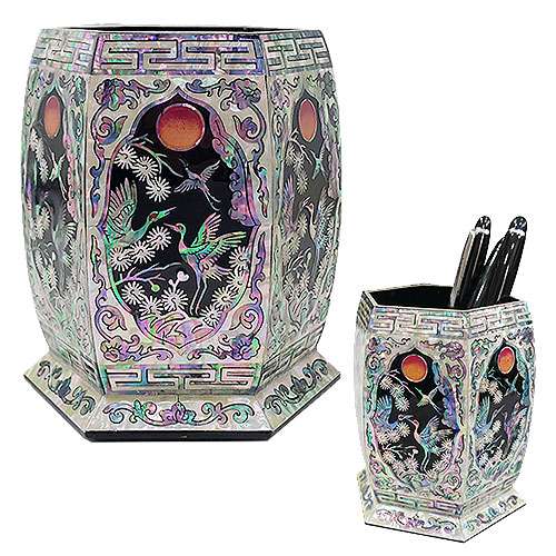Premium Mother-of-Pearl Hexagonal Pen Holder with Crane and Pine Pattern in Black