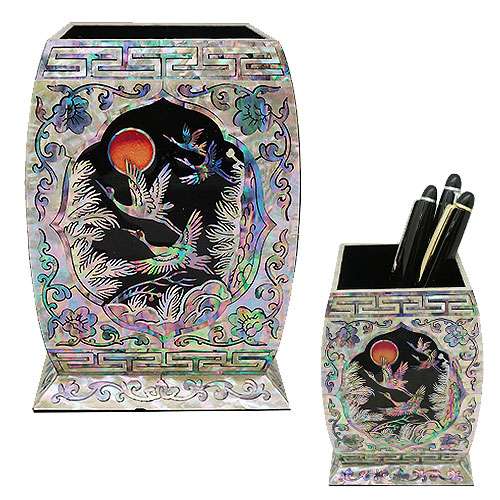 Premium Mother-of-Pearl Pencil Holder Square Cranes and Pines Black