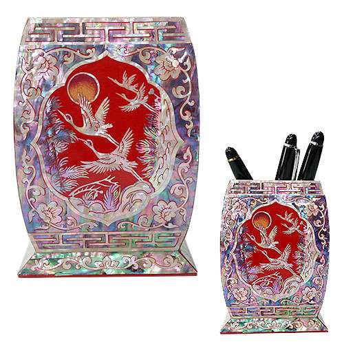 Premium Mother-of-Pearl Pencil Holder Square Pine Crane Red
