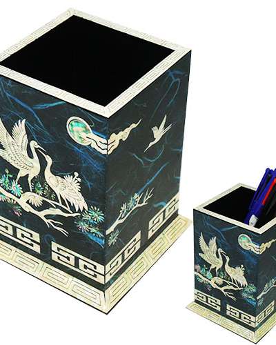 螺鈿漆器 ペンシルホルダー 松鶴 韓紙 青