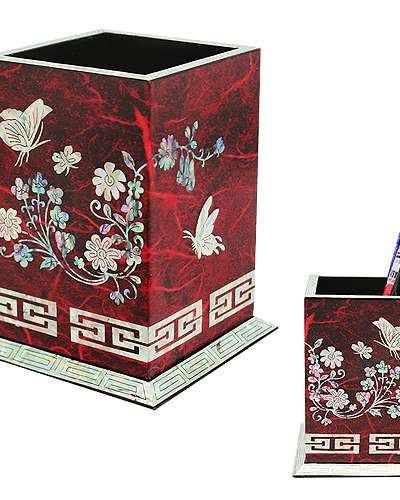 螺鈿漆器 ペンスタンド 蝶 韓紙 赤
