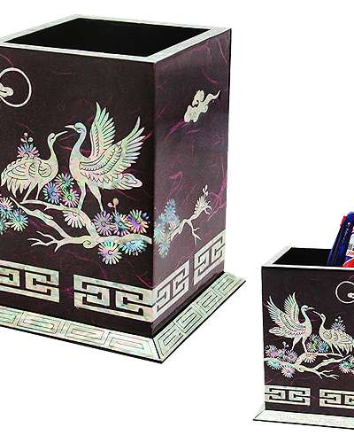 螺鈿漆器 鉛筆立て 松鶴 韓紙 保