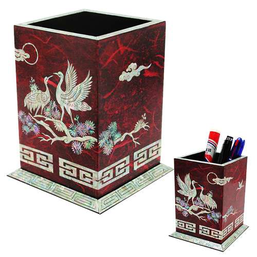 Mother-of-Pearl Lacquerware Pencil Holder - Pine and Crane Hanji Red
