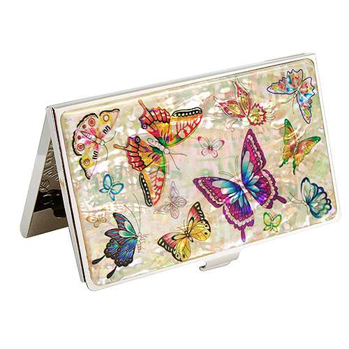Mother-of-Pearl Lacquerware Business Card Case, Colorful Butterfly White