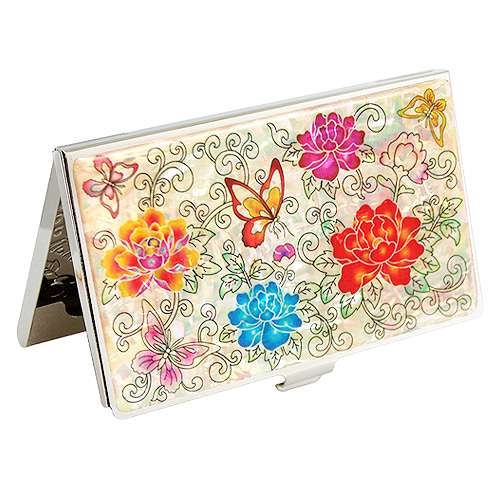 Mother-of-Pearl Lacquerware Business Card Case - Peony Butterfly White