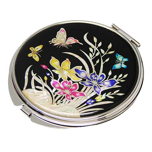 Mother-of-Pearl Hand Mirror - Orchid Flower Pattern