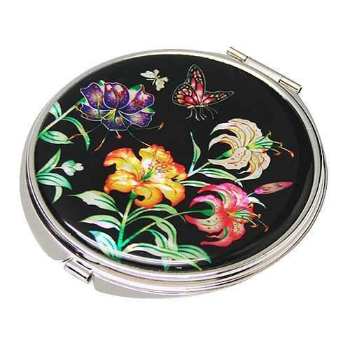 Shell Inlay Hand Mirror Lily Flower Black
