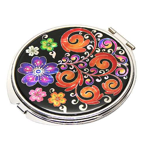 Mother-of-Pearl Hand Mirror with Scrolling Plum Blossom Pattern, Black