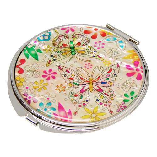 Mother-of-Pearl Hand Mirror Flower Butterfly 1 White