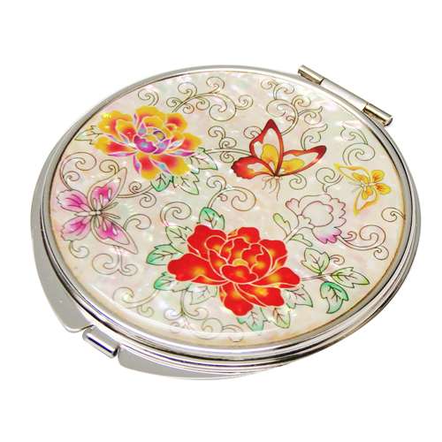 Mother-of-Pearl Hand Mirror Peony and Butterfly White