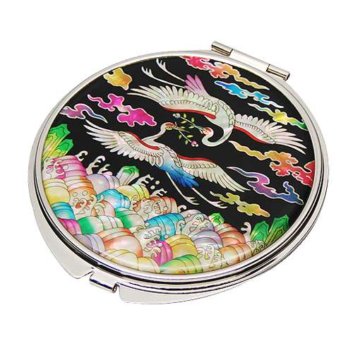 Abalone Mother-of-Pearl Double-Sided Hand Mirror - Pine and Crane with Black Background