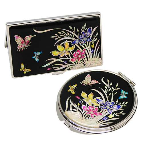 Mother-of-Pearl Mirror and Business Card Case Set (2-Piece) Orchid Design