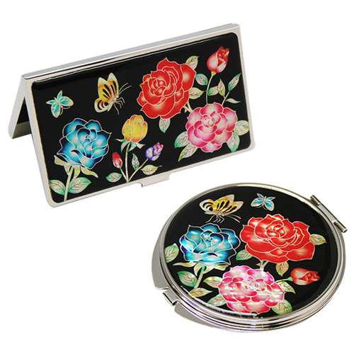 Mother-of-Pearl Mirror and Business Card Case Set, Rose Flower Design