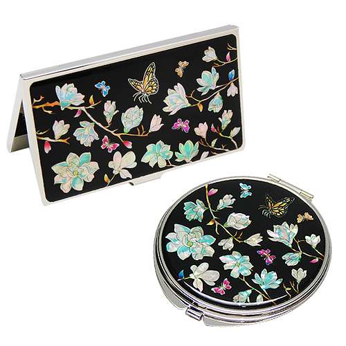 Mother-of-Pearl Mirror and Business Card Case Set, 2 Types - Magnolia