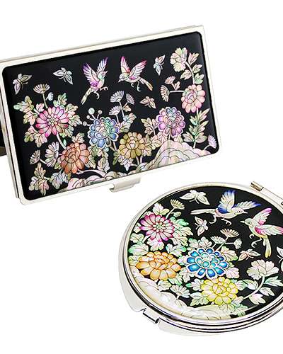 螺鈿鏡・名刺入れ 2点セット 花鳥