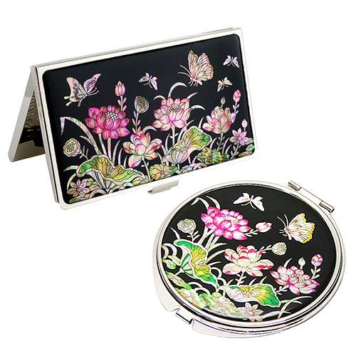 Mother-of-Pearl Mirror & Business Card Case Set 2-Piece Lotus Black