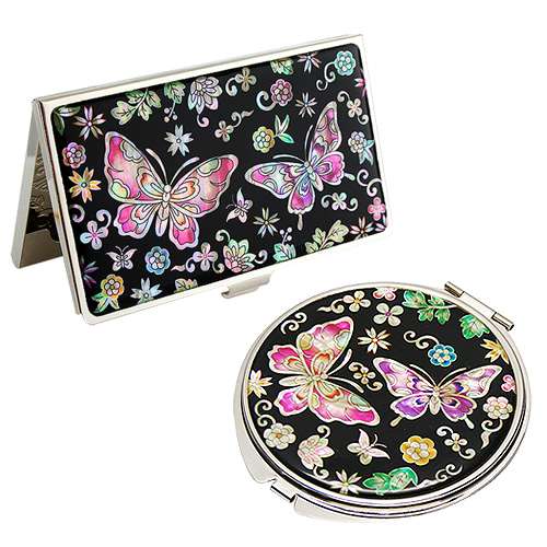 Mother-of-Pearl Mirror and Business Card Case Set 2 Pieces Flower Butterfly 2