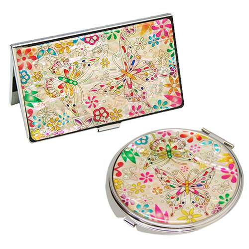 Natural Mother-of-Pearl Mirror and Business Card Case Set 2-Piece Flower Butterfly 1 White