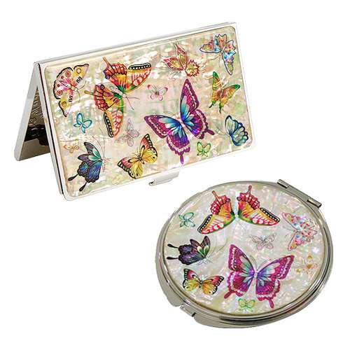 Mother-of-Pearl Mirror Business Card Set 2 Pieces Colored Butterfly White