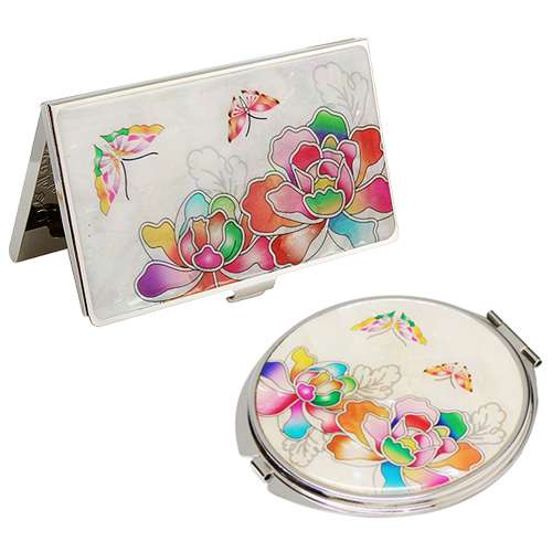 Natural Mother-of-Pearl Mirror and Business Card Case Set - Peony White, 2 Pieces