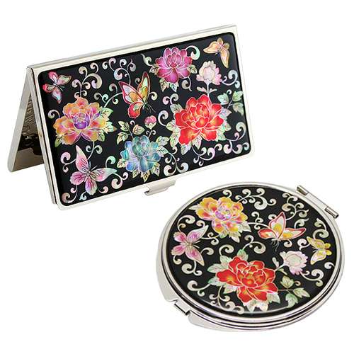 Mother-of-Pearl Mirror & Business Card Case Set - Peony Butterfly Black