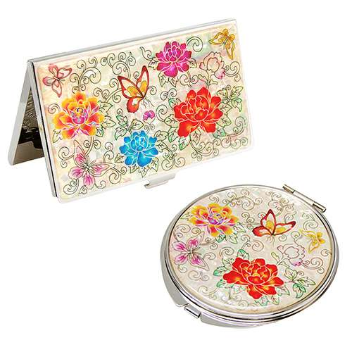 Mother-of-Pearl Handheld Mirror and Business Card Case Set - Peony Butterfly White