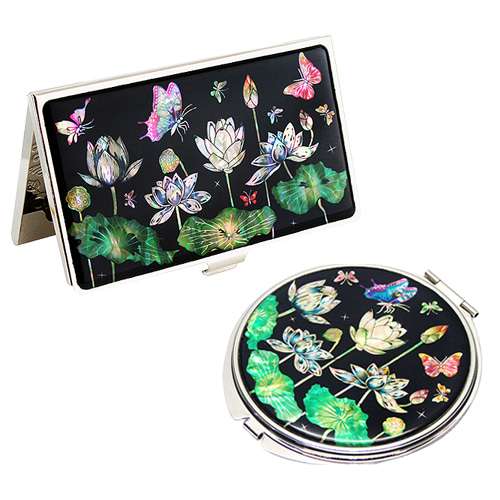 Abalone Hand Mirror and Business Card Case Set 2-Piece Lotus Butterfly