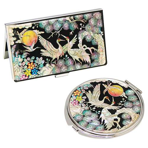 Mother-of-Pearl Mirror & Business Card Case Set 2-in-1 Royal Crane Pattern 1