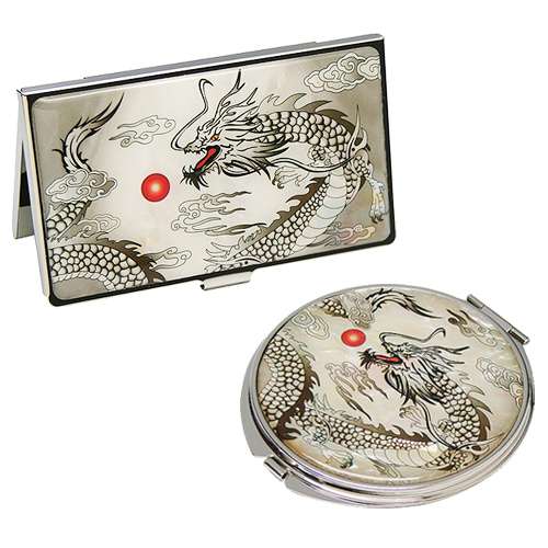 Black Dragon Mother-of-Pearl Mirror and Business Card Case Set of 2