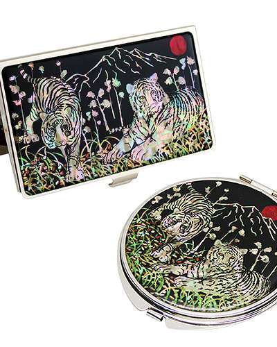 天然貝殻鏡・名刺入れ 2種 白虎