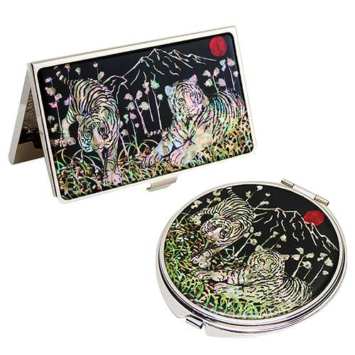 Natural Mother-of-Pearl Mirror & Business Card Case Set 2-Piece White Tiger Design