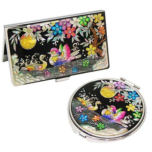 Mother-of-Pearl Mirror and Business Card Case Set - Mandarin Duck Design